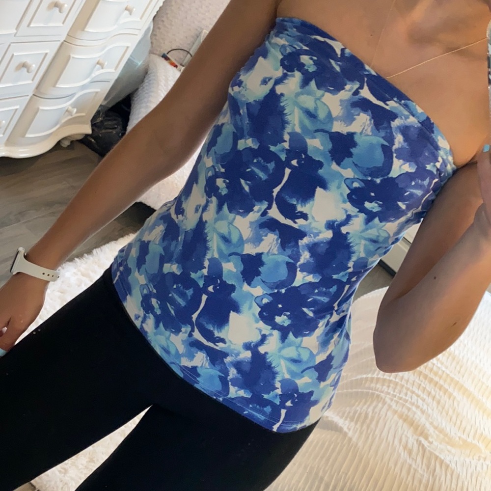 Blue floral print strapless tube top